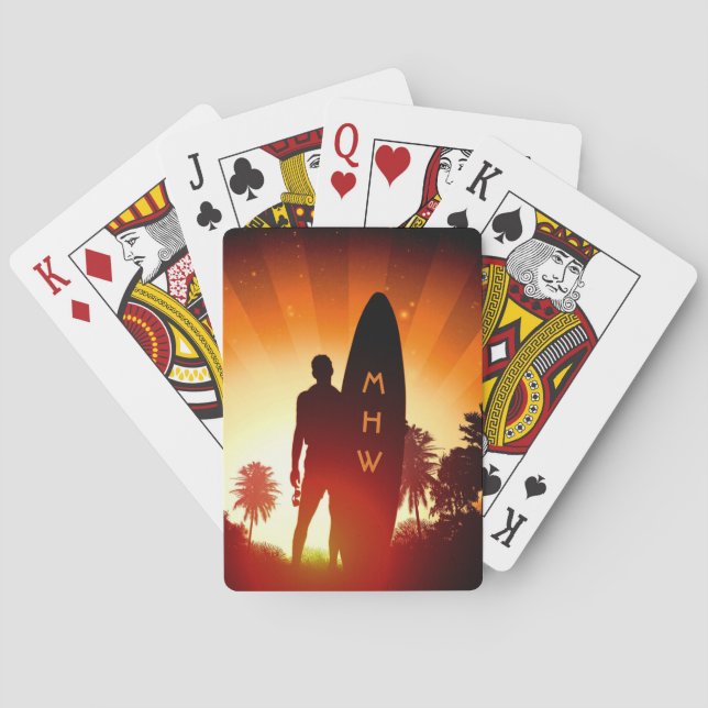 Surfer Sunset custom monogram playing cards (Back)