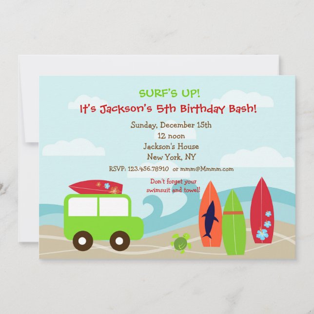Surfer Surf Birthday Party Invitations (Front)