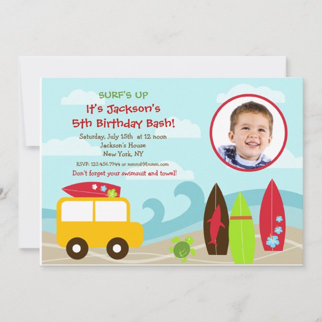 Surfer Surf Photo Birthday Party invitations (Front)