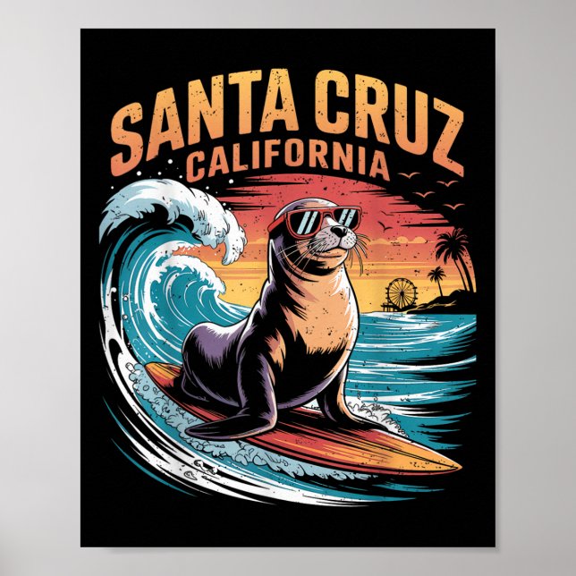 Surfer Surfing 70s 80s Santa Cruz California Retro Poster (Front)