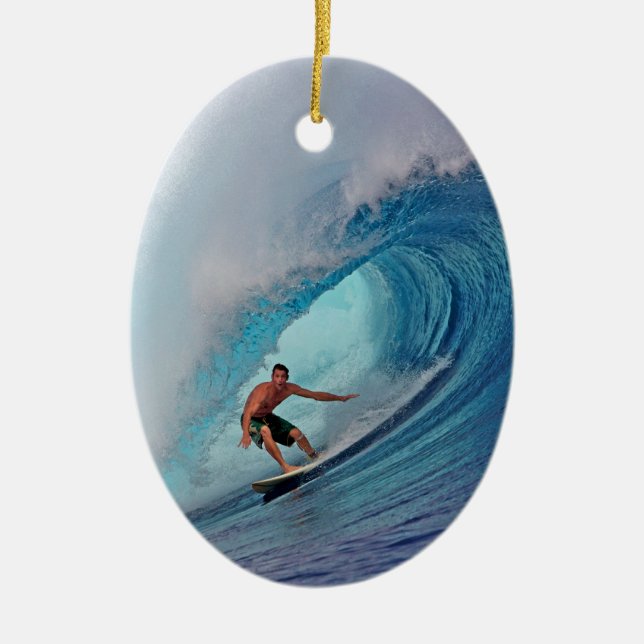 Surfer surfing a huge wave. ceramic tree decoration (Front)