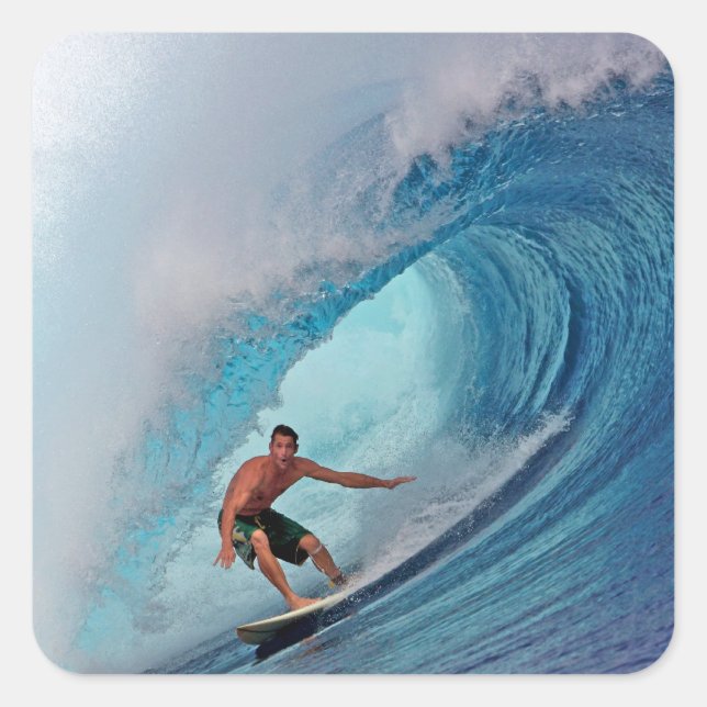 Surfer surfing a huge wave. square sticker (Front)