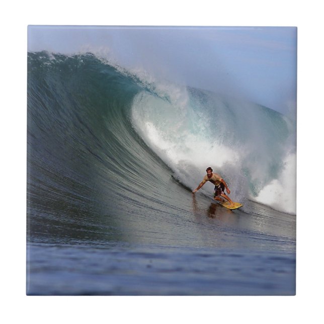 Surfer surfing huge tropical island surfing wave tile (Front)