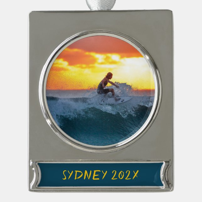 Surfer Surfing Photo Personalised Christmas  Silver Plated Banner Ornament (Front)