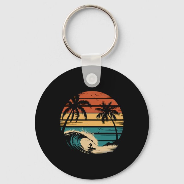 Surfer Surfing With Palm Trees Tropical Vacation _ Key Ring (Front)