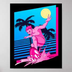 Surfer Synthwave Sunset Palm Trees Surfing 80s Art Poster