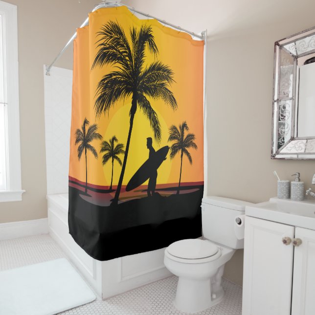 Surfer  walking on beach with surfboard at sunset shower curtain (In Situ)