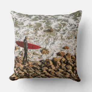 Surfer Walking Rocky Beach, Ocean Waves Coastal  Cushion