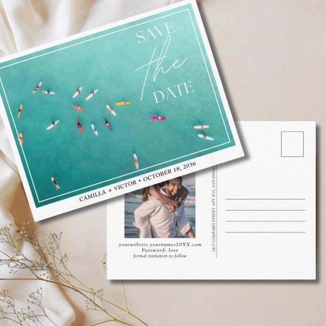 Surfer Wedding Blue Ocean Save the Date Postcard (surfer wedding)