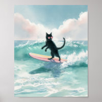 Surfer Whimsical Black Cat Watercolor Art