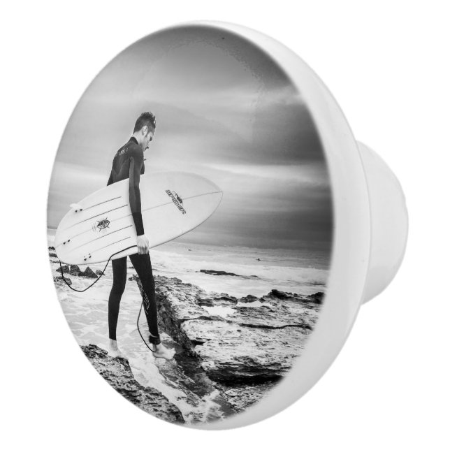 Surfer with board on Beach Ceramic Knob (Right)