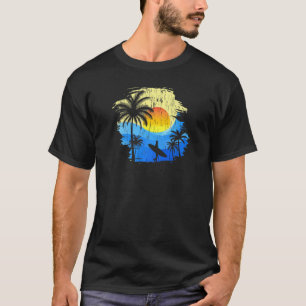 Surfer With Board Sunset Beach Sand And Palms   T-Shirt