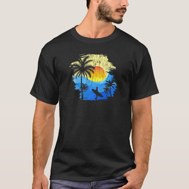 Surfer With Board Sunset Beach Sand And Palms   T-Shirt (Front)