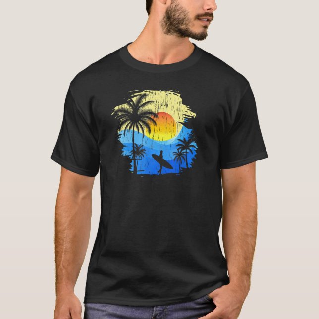 Surfer With Board Sunset Beach Sand And Palms T-Shirt (Front)