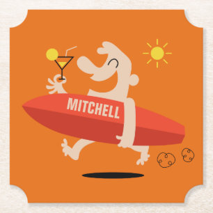 Surfer with Cocktail custom name paper coasters