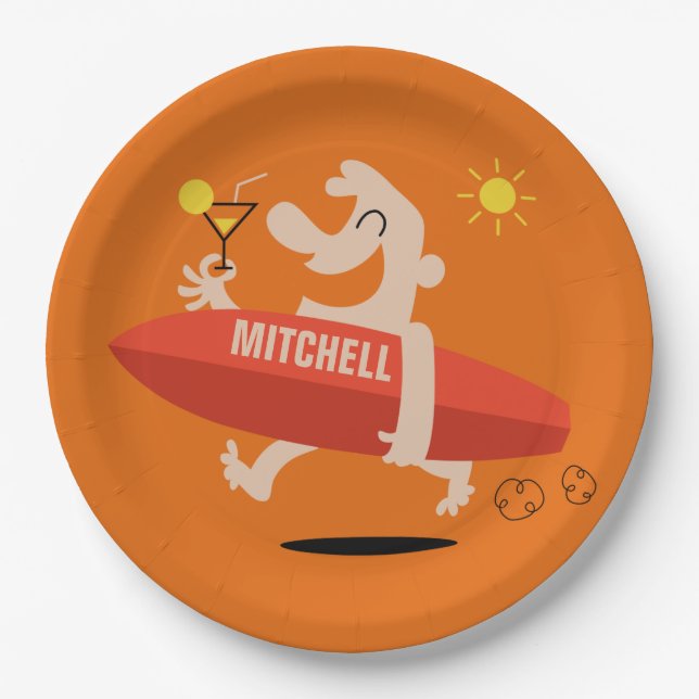 Surfer with Cocktail custom name paper plates (Front)