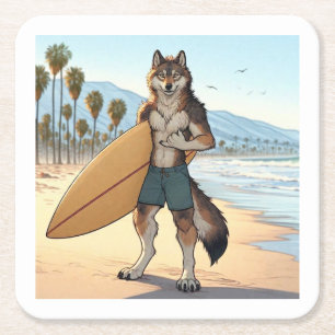 Surfer Wolf Square Paper Coaster