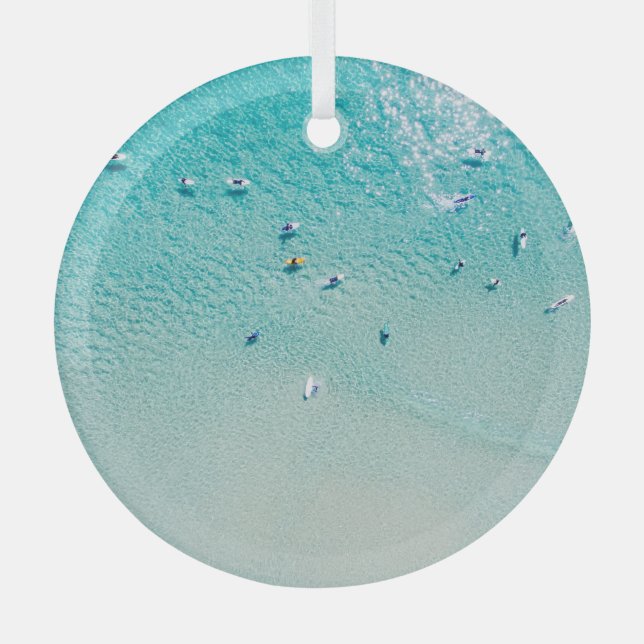 Surfers aerial view, clear ocean. glass tree decoration (Front)