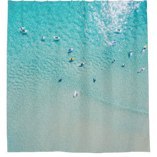 Surfers aerial view, clear ocean. shower curtain