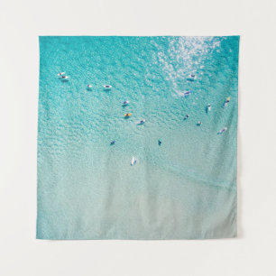 Surfers aerial view, clear ocean. tapestry