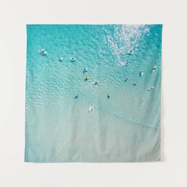 Surfers aerial view, clear ocean. tapestry (Front)