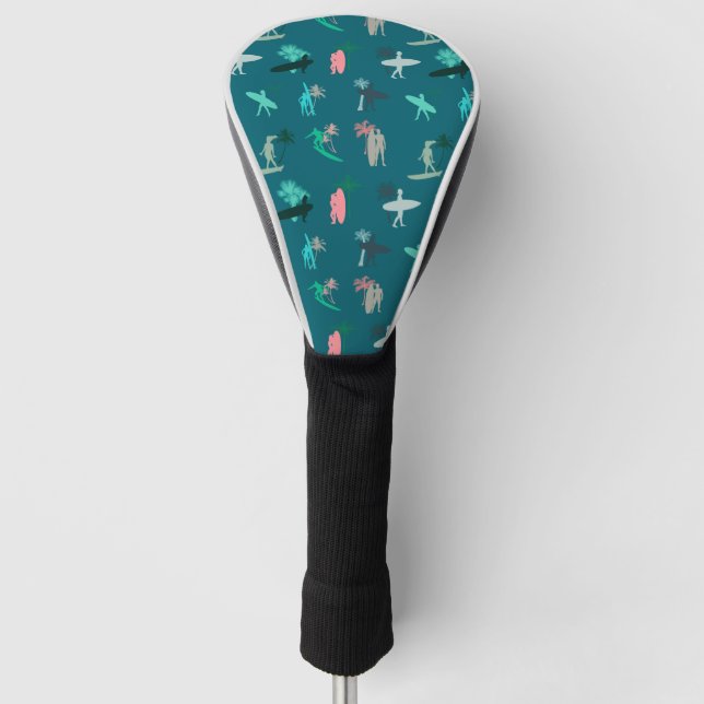Surfers and Palm Trees Pattern Blue Golf Head Cover (Front)