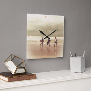 Surfers Retro Clock. Square Wall Clock