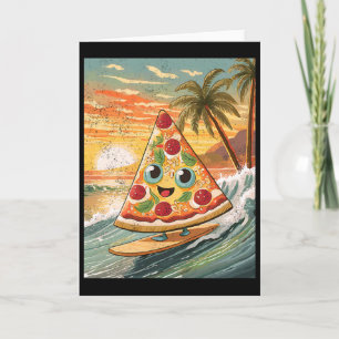 Surfing A Wave Pizza Slice In Tropical Beach Funny Card