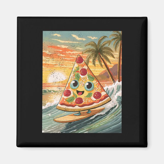 Surfing A Wave Pizza Slice In Tropical Beach Funny Magnet (Front)
