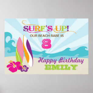 Surfing and Beach Themed Birthday Banner Poster