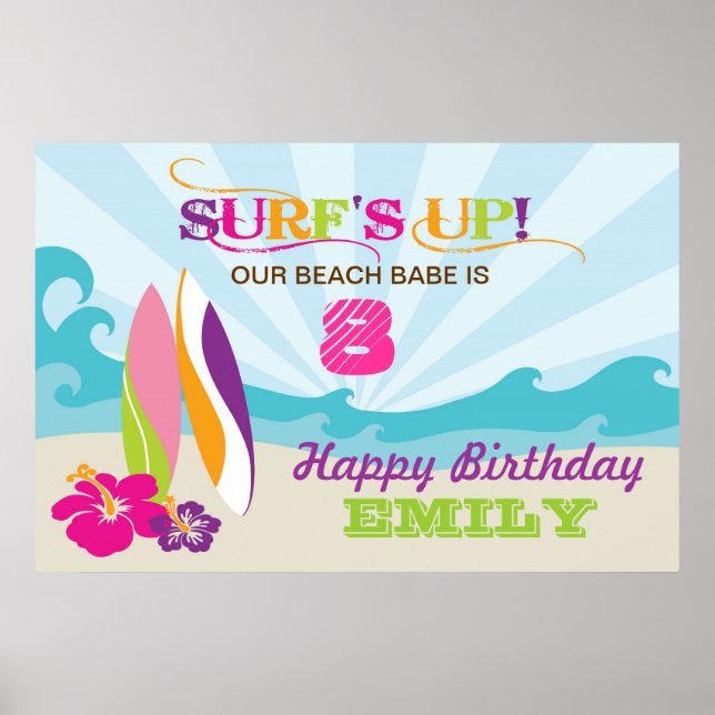 Surfing and Beach Themed Birthday Banner Poster (Front)