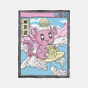 Surfing Axolotl Drinking Nana Milk Kawaii Anime Va Fleece Blanket