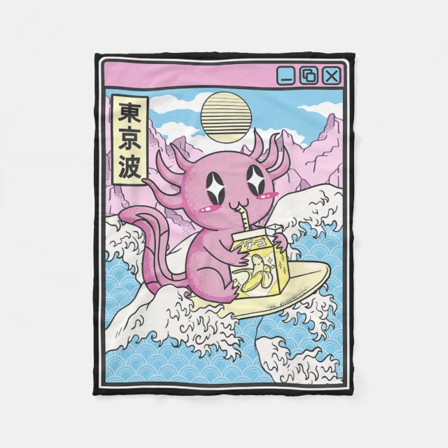 Surfing Axolotl Drinking Nana Milk Kawaii Anime Va Fleece Blanket (Front)
