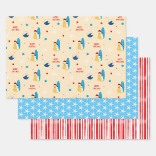Surfing Beach Dog Christmas Gift Wrap Set of 3