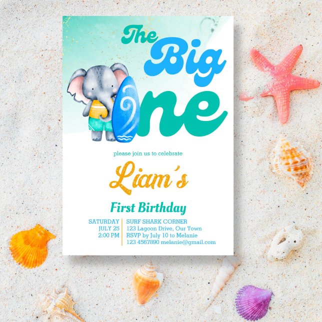 Surfing beach ocean tropical summer birthday invitation (The big one retro surfing cute baby elephant first birthday invitation template)
