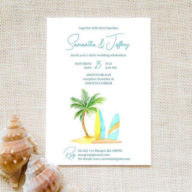 Surfing beach summer tropical wedding invitation (Creator Uploaded)