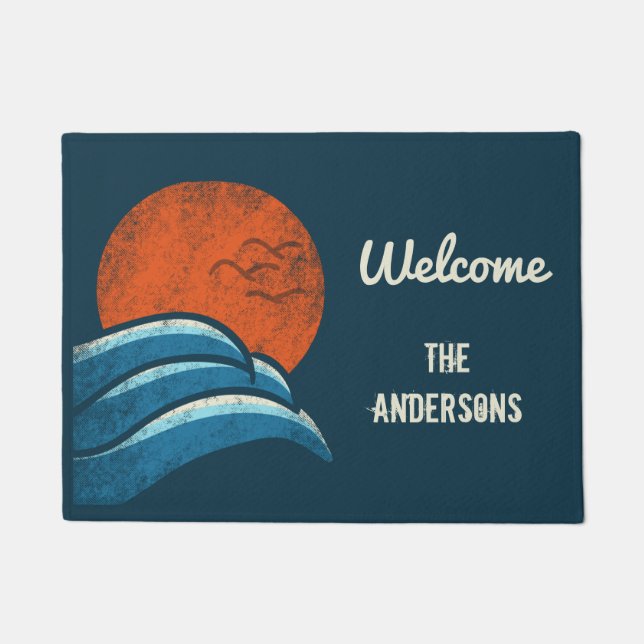 Surfing Beach Vintage Retro Personalised Doormat (Front)