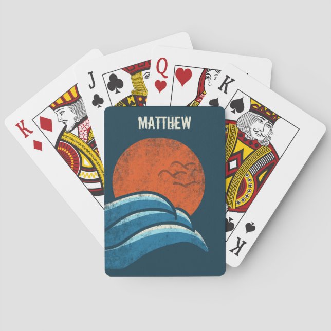 Surfing Beach Vintage Retro Personalised Playing Cards (Back)