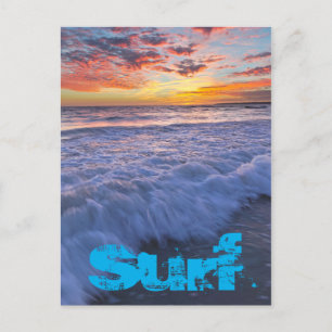 Surfing beach waves at sunset postcard