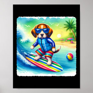 Surfing Beagle In Safety Vest On Wave. Sungles Sur Poster