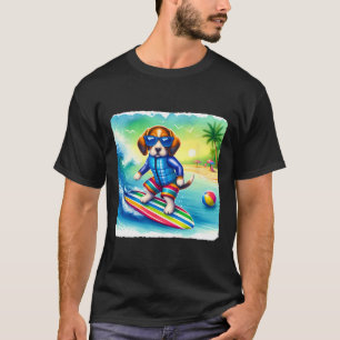Surfing Beagle In Safety Vest On Wave. Sungles Sur T-Shirt