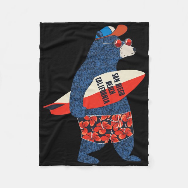 Surfing Bear On San Diego Beach California Summer  Fleece Blanket (Front)