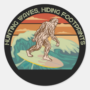 Surfing Bigfoot Hunting Waves Hiding Footprints Classic Round Sticker