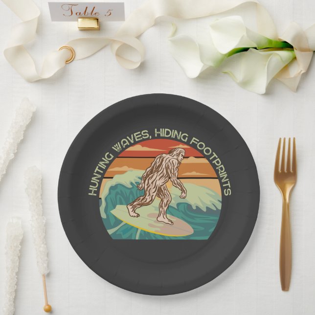 Surfing Bigfoot Hunting Waves Hiding Footprints Paper Plate (Wedding)