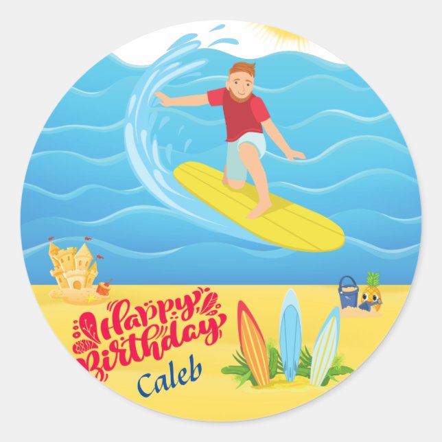 Surfing Birthday  Classic Round Sticker (Front)