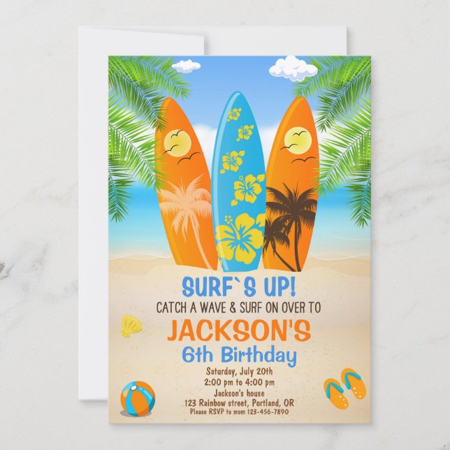 Surfing birthday invitation Surfboard invite beach (Front)