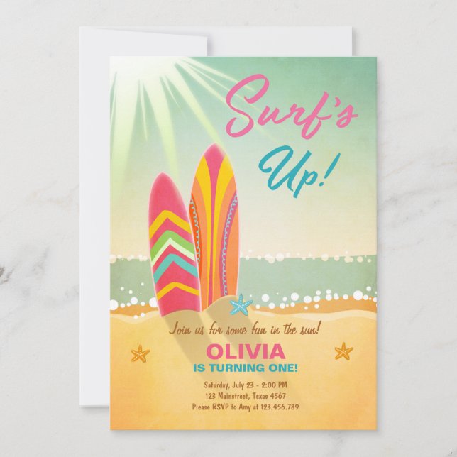 Surfing Birthday Invitation Surf's Up Beach Girl (Front)