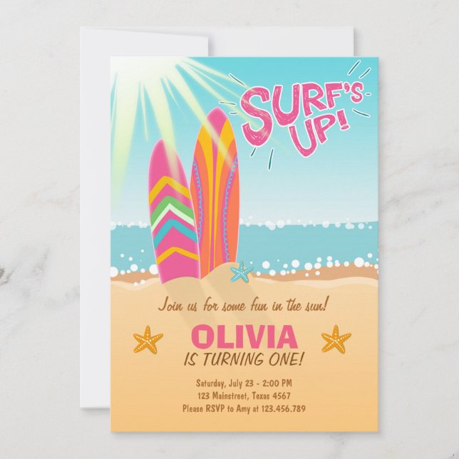Surfing Birthday Invitation Surf's Up Beach Girl (Front)