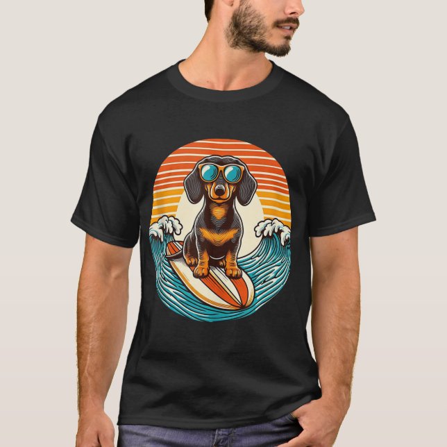 Surfing Black Dachshund Summer Vibes Ocean Beach  T-Shirt (Front)
