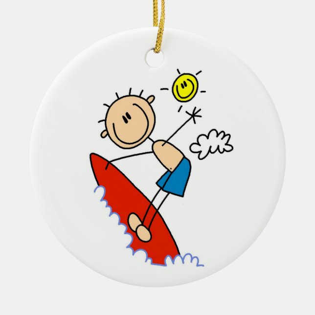 Surfing Boy Stick Figure Ceramic Tree Decoration (Front)
